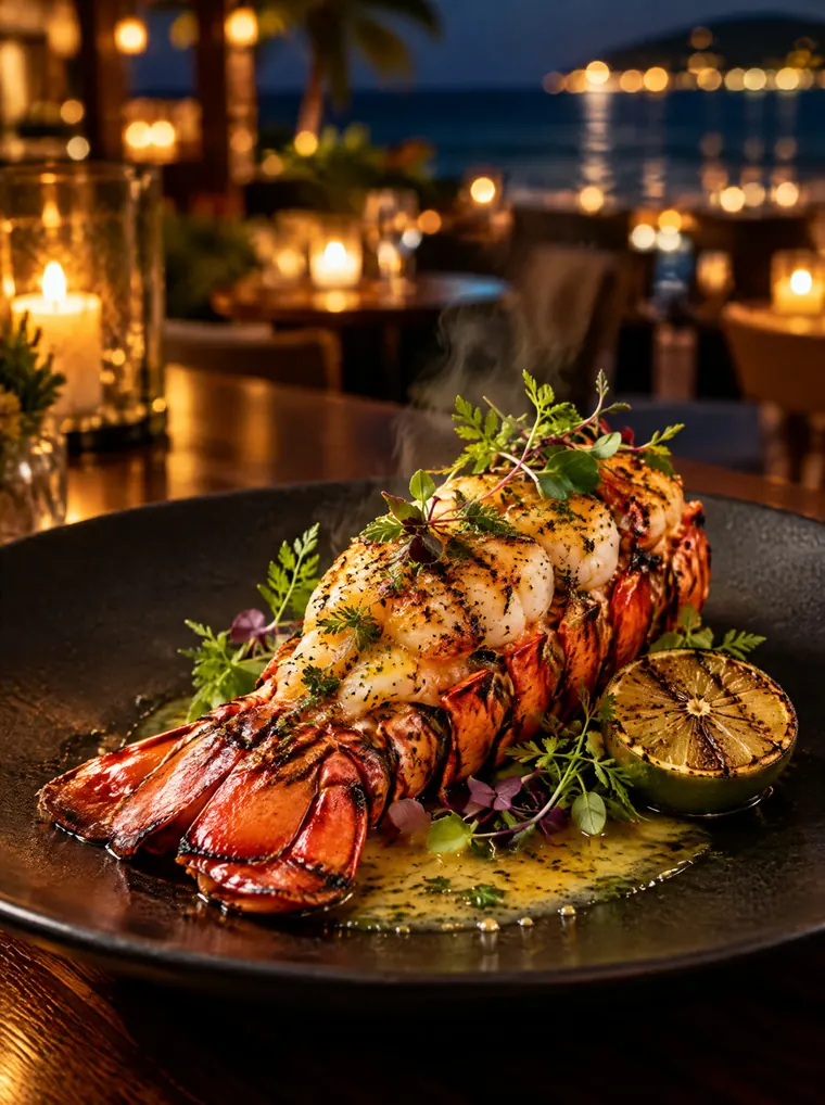 Sample advertisement design එකක්: කළු පිඟානක ඇති grilled lobster සහ ලෙමන්.