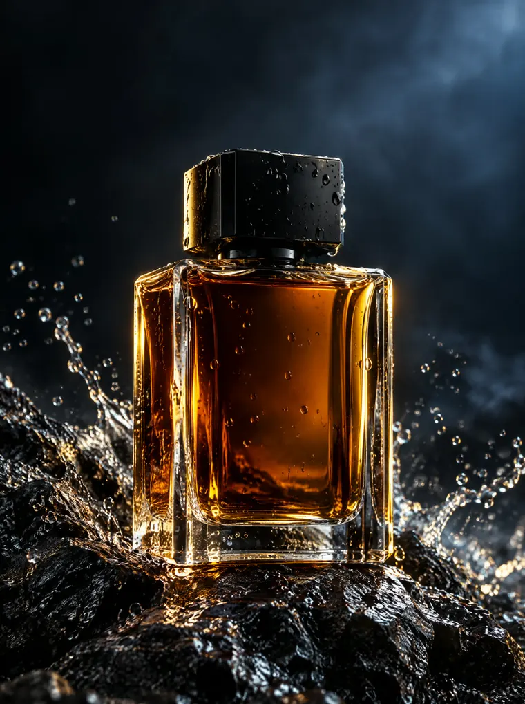 Sample advertisement design එකක්: තෙත් කළු ගලක් මත ඇති amber perfume බෝතලයක්.