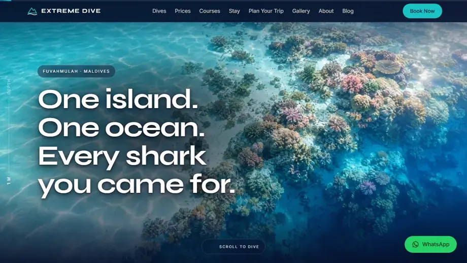 Extreme Dive — diving website — Fuvahmulah, මාලදිවයින සඳහා tiger shark diving website එකක්, booking සමඟ.
